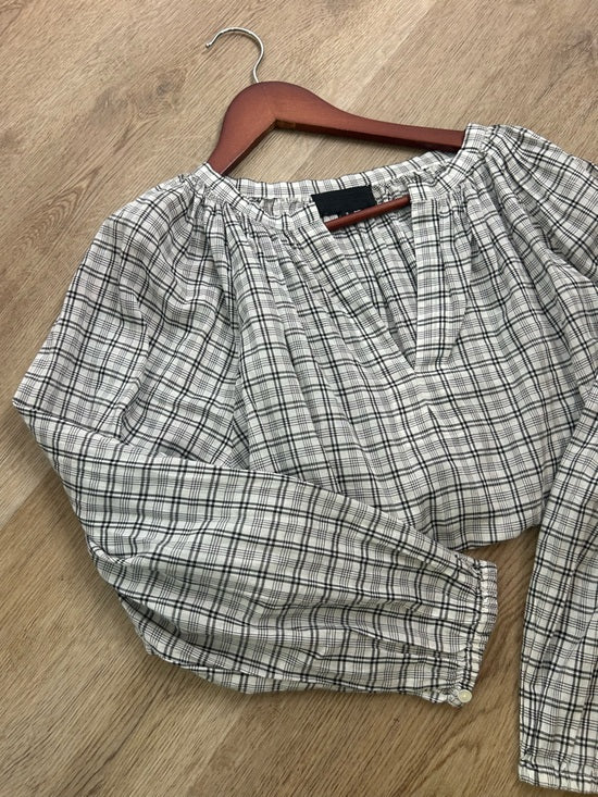 Nili Lotan 100% Cotton Brooke White Black Checkered Plaid Pesant Blouse