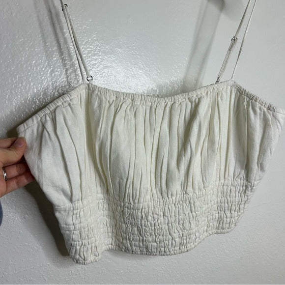 Abercrombie &amp;amp; Fitch Abercrombie &amp;amp; Fitch Cotton Linen Cream Ruched Tank Cropped Tank Top - Cotton, Linen