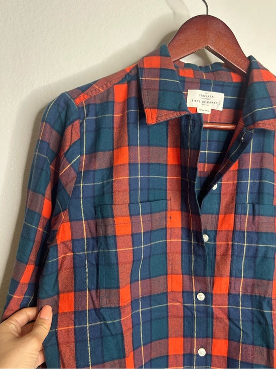 Trovata 100% Cotton India Red Blue Flannel Button Down Collared Shirt Jacket