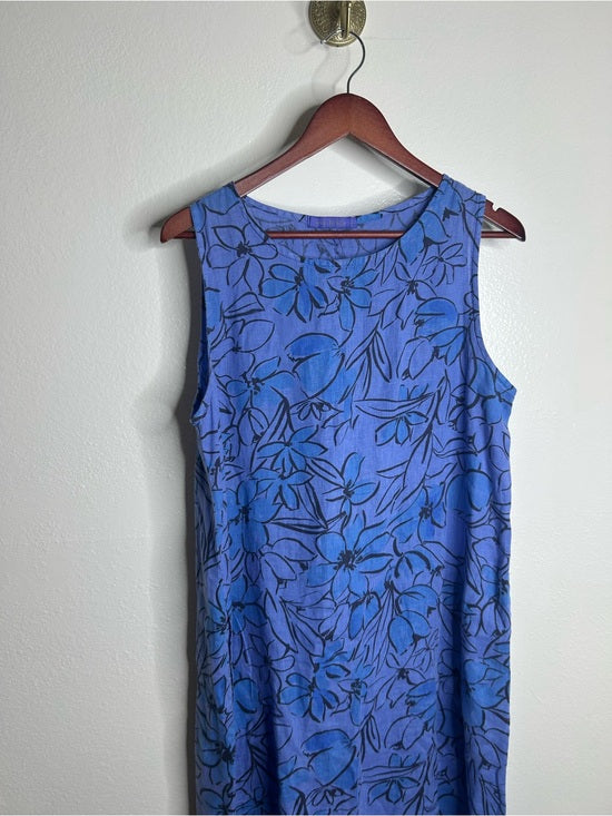 Cut Loose Cut Loose 100% Linen Bright Blue Purple Floral Midi Relaxed Fit Tank Dress - Linen