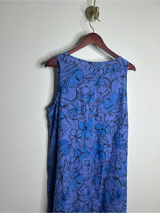 Cut Loose 100% Linen Bright Blue Purple Floral Midi Relaxed Fit Tank Dress