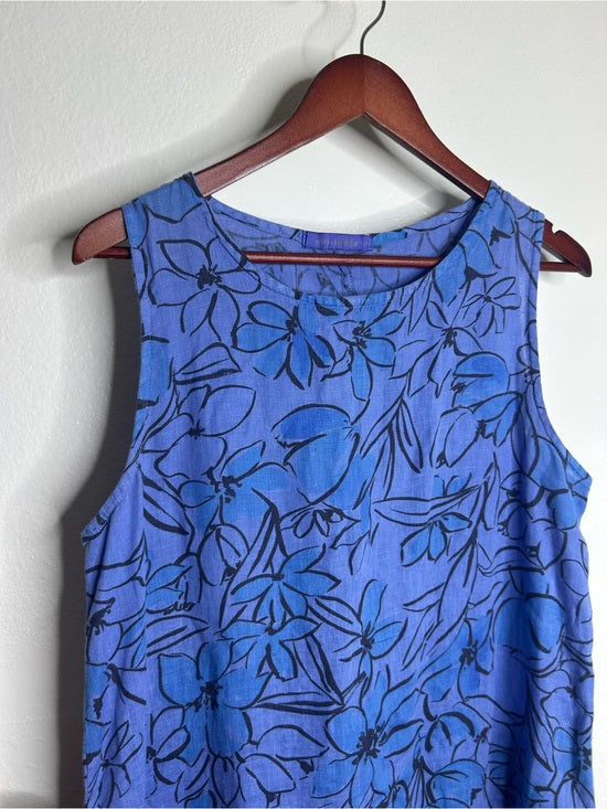 Cut Loose 100% Linen Bright Blue Purple Floral Midi Relaxed Fit Tank Dress