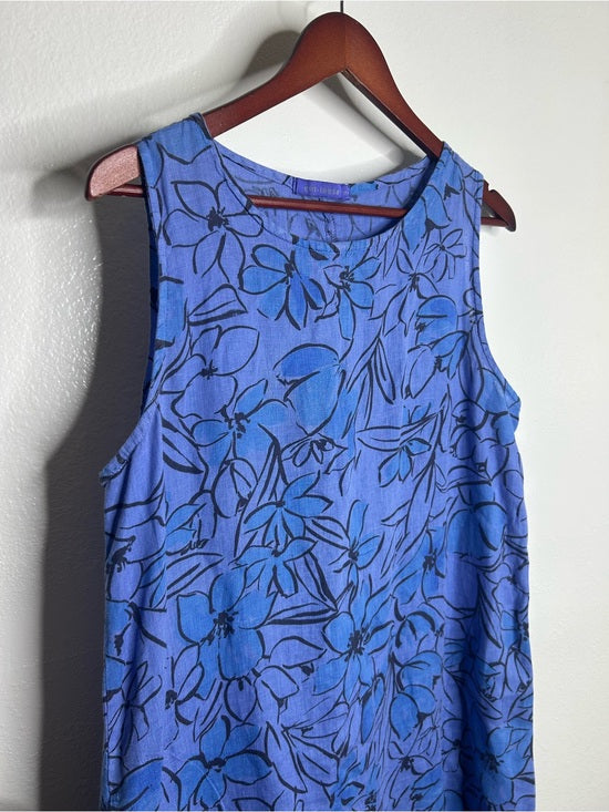 Cut Loose 100% Linen Bright Blue Purple Floral Midi Relaxed Fit Tank Dress
