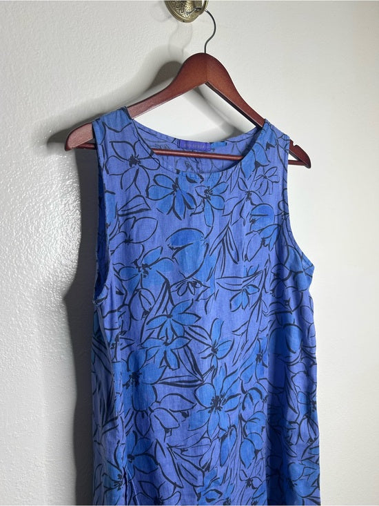 Cut Loose 100% Linen Bright Blue Purple Floral Midi Relaxed Fit Tank Dress