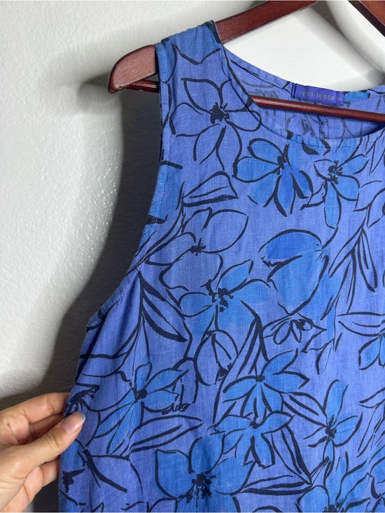 Cut Loose 100% Linen Bright Blue Purple Floral Midi Relaxed Fit Tank Dress