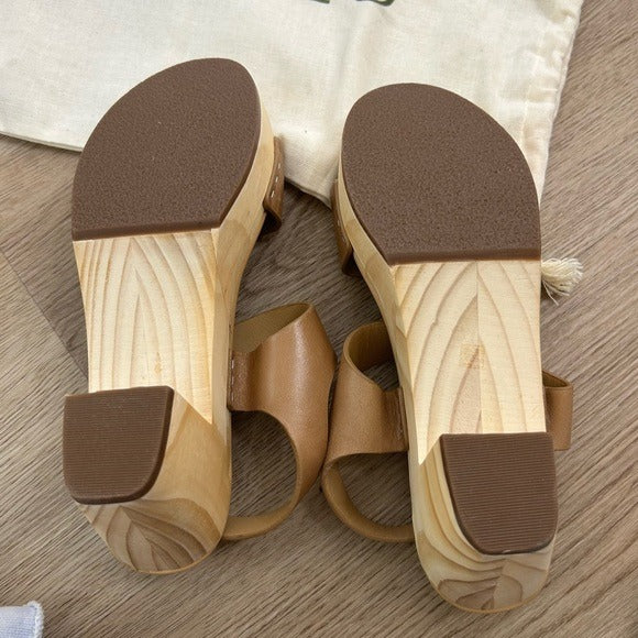 Nisolo All Day Wooden Tan Leather Heeled Clog Sandal