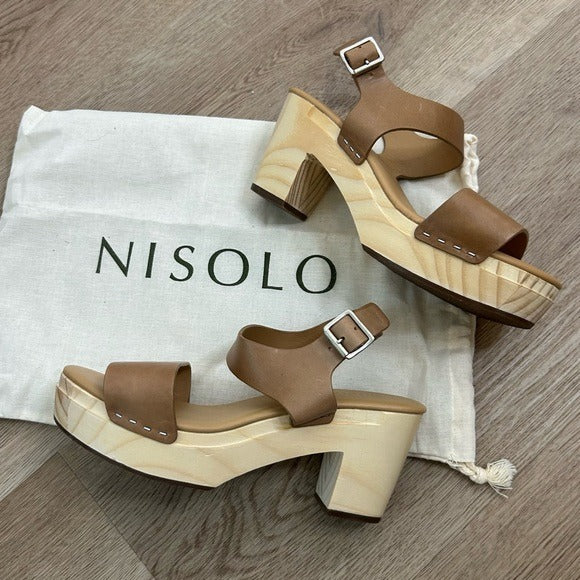 Nisolo All Day Wooden Tan Leather Heeled Clog Sandal