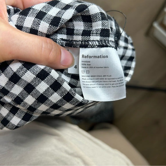 Reformation 100% Linen Black White Checkered Trouser Pant