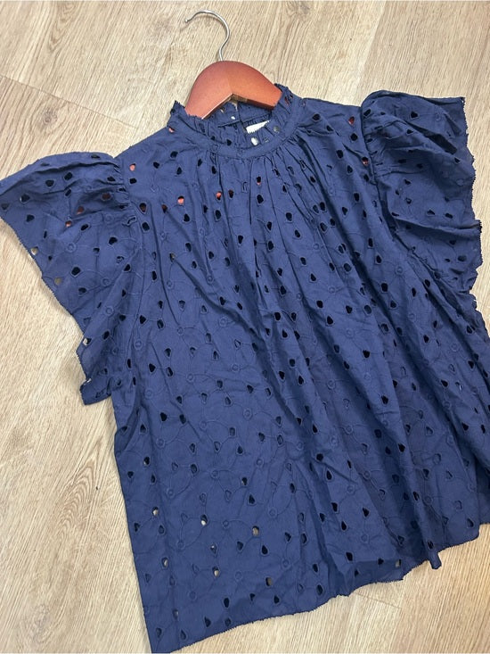 Trovata Trovata 100% Cotton Carla High Neck Navy Blue Eyelet Short Sleeve Blouse - Cotton
