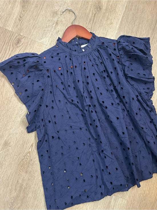 Trovata Trovata 100% Cotton Carla High Neck Navy Blue Eyelet Short Sleeve Blouse - Cotton