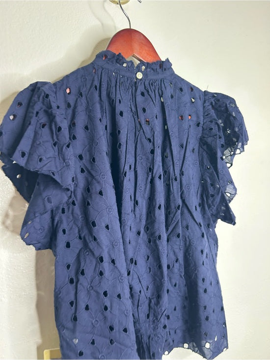 Trovata 100% Cotton Carla High Neck Navy Blue Eyelet Short Sleeve Blouse