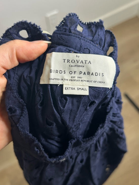 Trovata 100% Cotton Carla High Neck Navy Blue Eyelet Short Sleeve Blouse