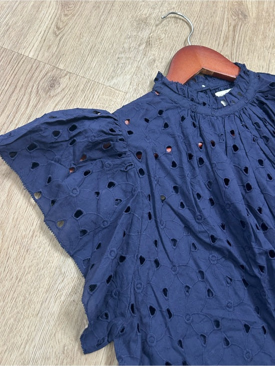 Trovata 100% Cotton Carla High Neck Navy Blue Eyelet Short Sleeve Blouse