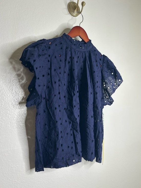 Trovata Trovata 100% Cotton Carla High Neck Navy Blue Eyelet Short Sleeve Blouse - Cotton