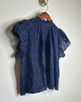 Trovata 100% Cotton Carla High Neck Navy Blue Eyelet Short Sleeve Blouse