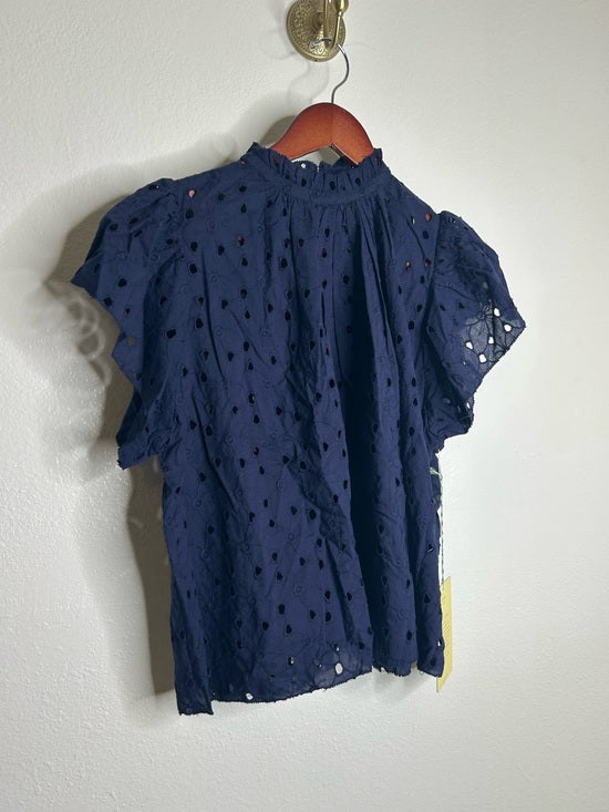Trovata Trovata 100% Cotton Carla High Neck Navy Blue Eyelet Short Sleeve Blouse - Cotton