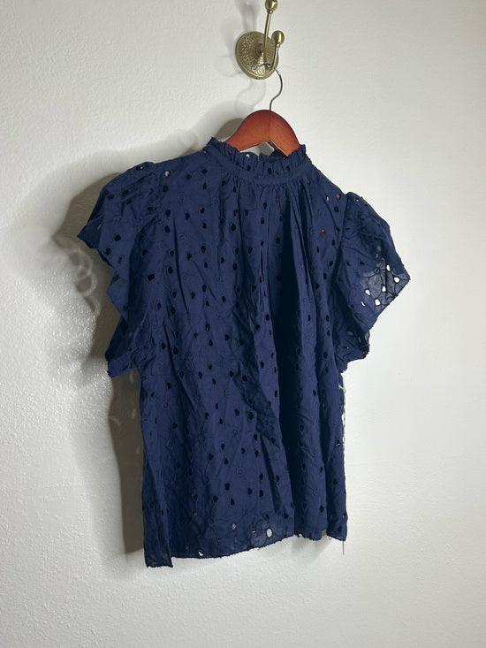 Trovata Trovata 100% Cotton Carla High Neck Navy Blue Eyelet Short Sleeve Blouse - Cotton