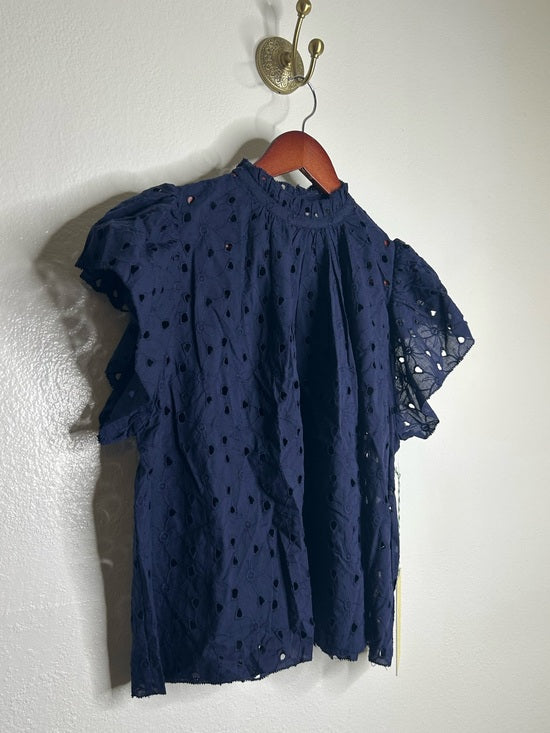 Trovata Trovata 100% Cotton Carla High Neck Navy Blue Eyelet Short Sleeve Blouse - Cotton