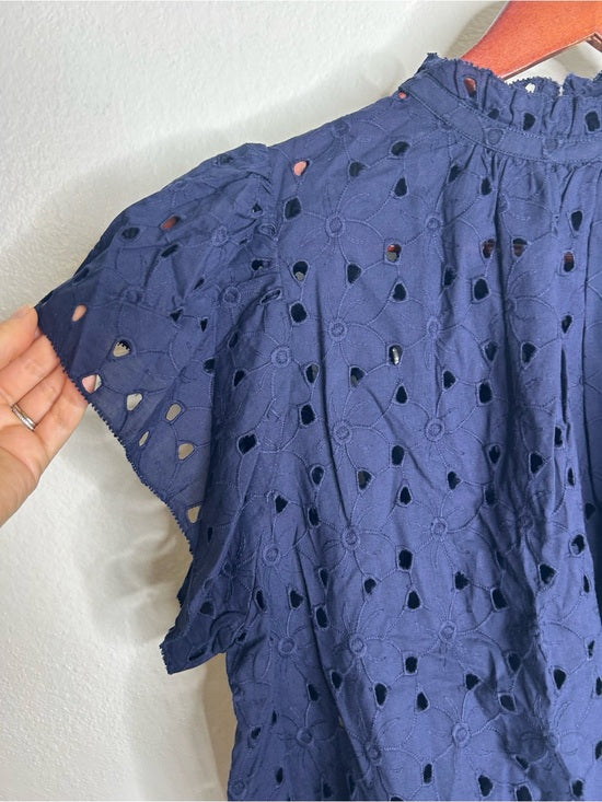 Trovata 100% Cotton Carla High Neck Navy Blue Eyelet Short Sleeve Blouse