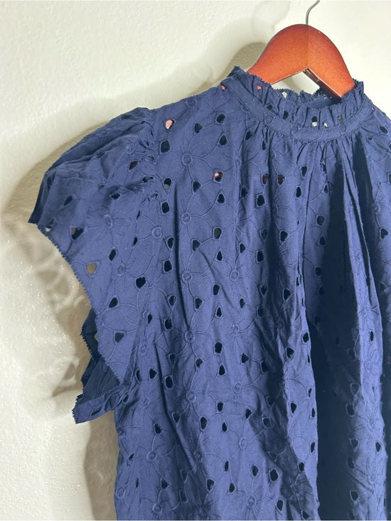 Trovata 100% Cotton Carla High Neck Navy Blue Eyelet Short Sleeve Blouse