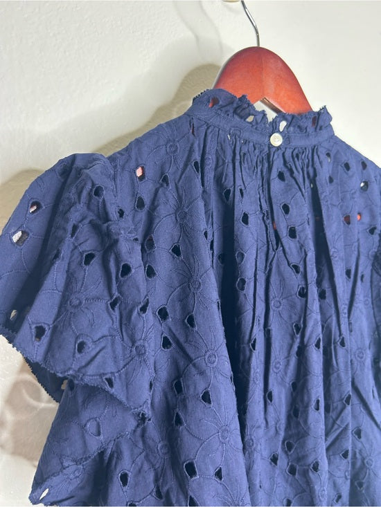 Trovata 100% Cotton Carla High Neck Navy Blue Eyelet Short Sleeve Blouse
