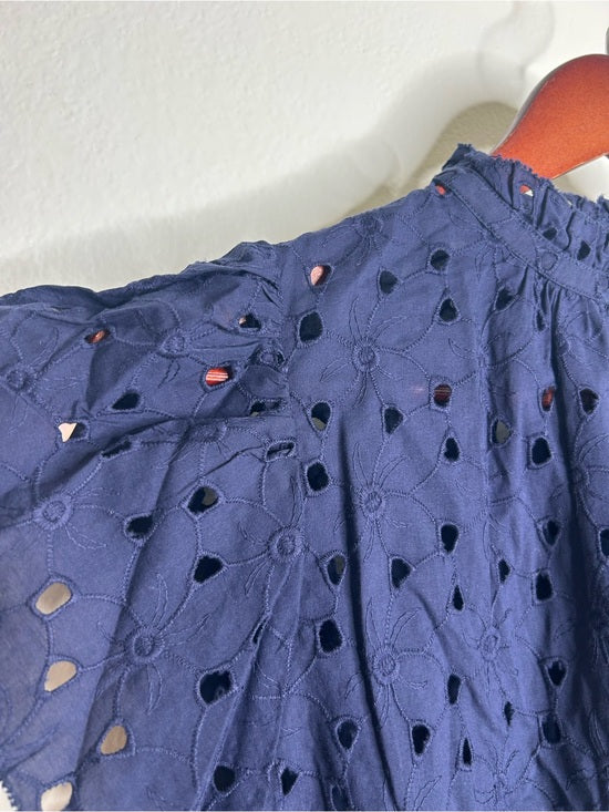 Trovata 100% Cotton Carla High Neck Navy Blue Eyelet Short Sleeve Blouse
