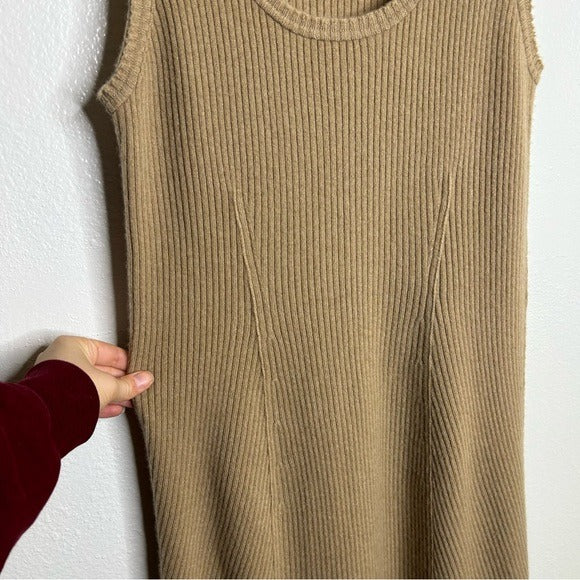 VINCE Cashmere Wool Ribbed Knit Tan Sweater Midi Dress