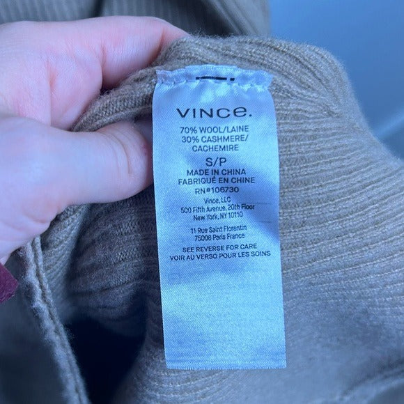 VINCE Cashmere Wool Ribbed Knit Tan Sweater Midi Dress