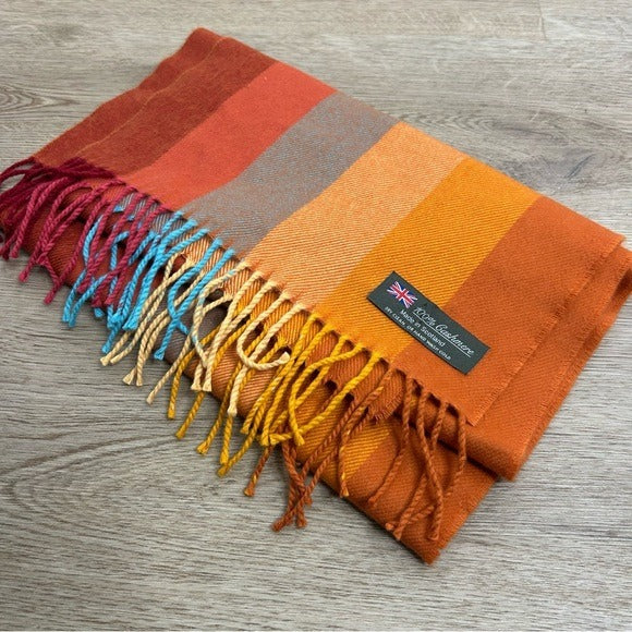 Scarf 100% Cashmere Striped Multicolor Fringe Scarf Made in Scotland - Cashmere