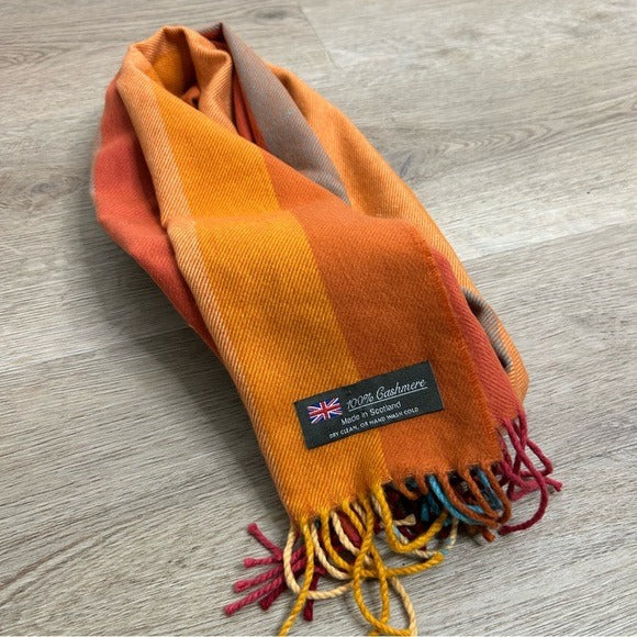Scarf 100% Cashmere Striped Multicolor Fringe Scarf Made in Scotland - Cashmere