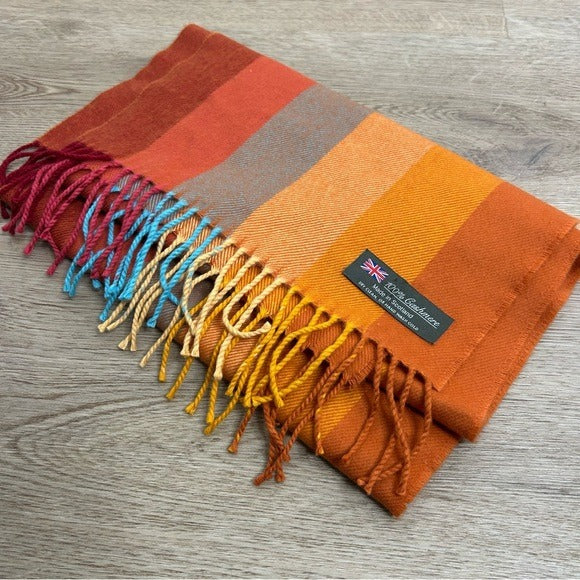 Scarf 100% Cashmere Striped Multicolor Fringe Scarf Made in Scotland - Cashmere