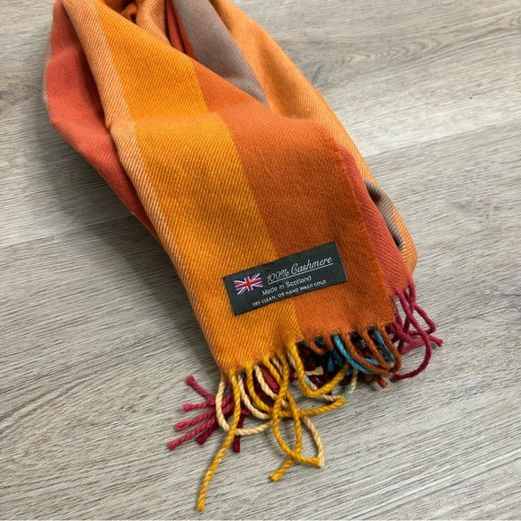 Scarf 100% Cashmere Striped Multicolor Fringe Scarf Made in Scotland - Cashmere