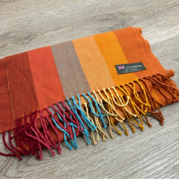 Scarf 100% Cashmere Striped Multicolor Fringe Scarf Made in Scotland - Cashmere