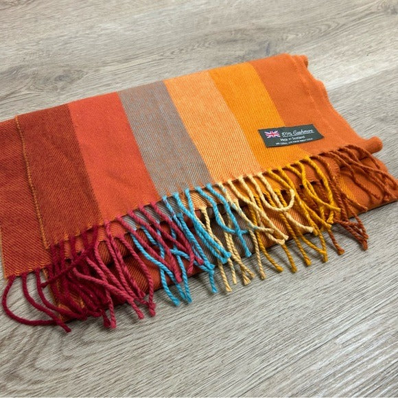 Scarf 100% Cashmere Striped Multicolor Fringe Scarf Made in Scotland - Cashmere