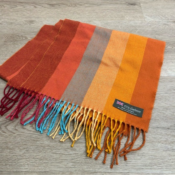 100% Cashmere Striped Multicolor Fringe Scarf Made in Scotland