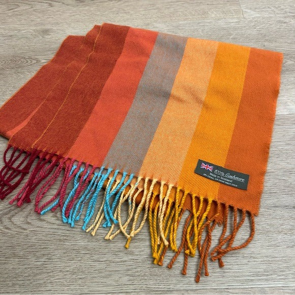 100% Cashmere Striped Multicolor Fringe Scarf Made in Scotland
