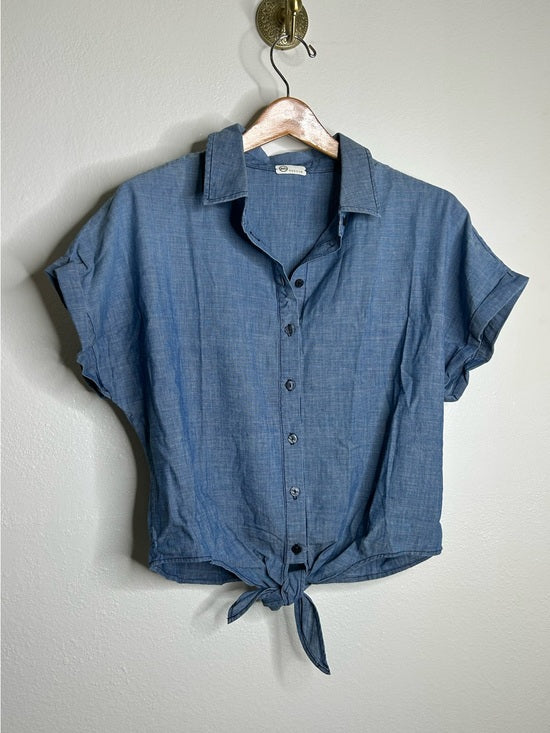 Ag Adriano Goldschmied AG 100% Cotton Denim Chambray Button Down Tie Front Short Sleeve Boxy Blouse Top - Cotton, Denim