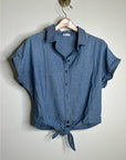 AG 100% Cotton Denim Chambray Button Down Tie Front Short Sleeve Boxy Blouse Top