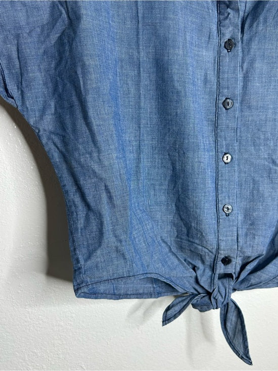 AG 100% Cotton Denim Chambray Button Down Tie Front Short Sleeve Boxy Blouse Top