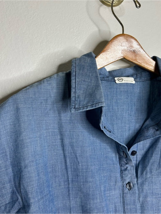AG 100% Cotton Denim Chambray Button Down Tie Front Short Sleeve Boxy Blouse Top