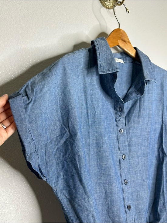 AG 100% Cotton Denim Chambray Button Down Tie Front Short Sleeve Boxy Blouse Top