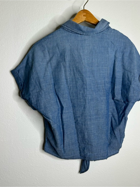 AG 100% Cotton Denim Chambray Button Down Tie Front Short Sleeve Boxy Blouse Top