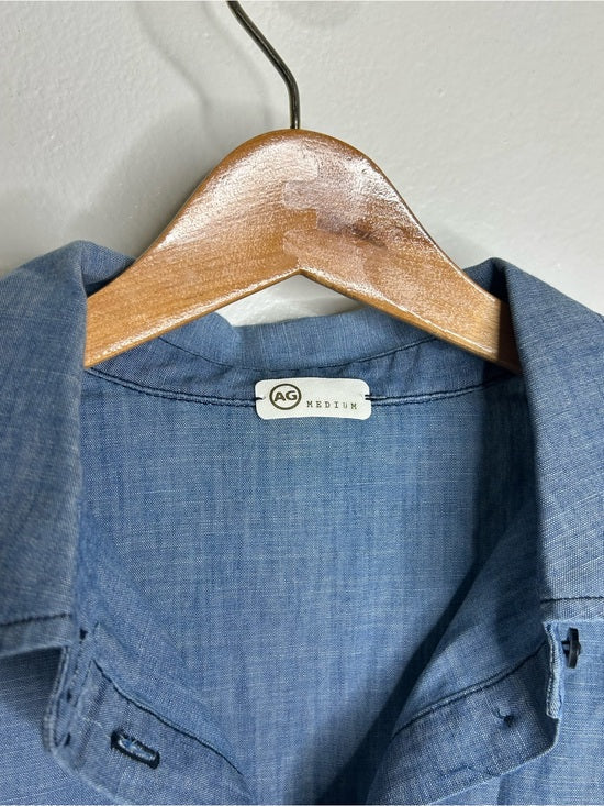 AG 100% Cotton Denim Chambray Button Down Tie Front Short Sleeve Boxy Blouse Top