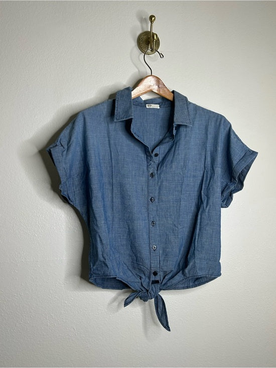 Ag Adriano Goldschmied AG 100% Cotton Denim Chambray Button Down Tie Front Short Sleeve Boxy Blouse Top - Cotton, Denim
