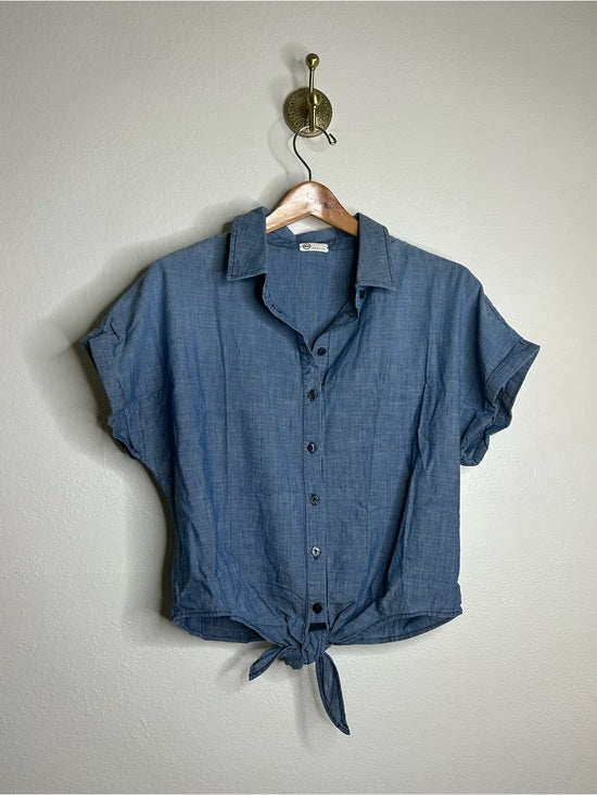 Ag Adriano Goldschmied AG 100% Cotton Denim Chambray Button Down Tie Front Short Sleeve Boxy Blouse Top - Cotton, Denim