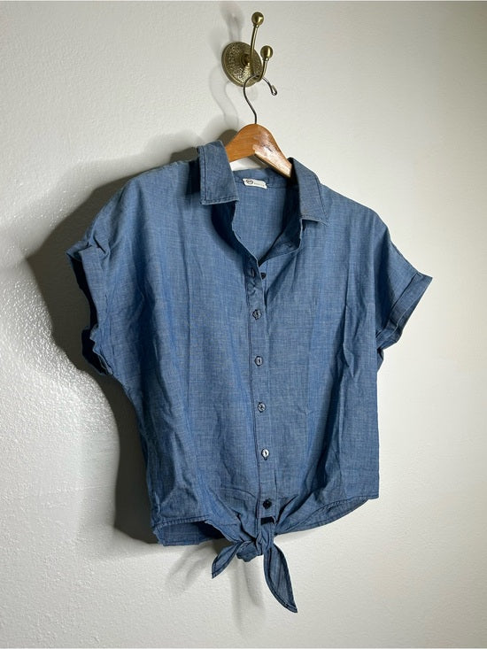 Ag Adriano Goldschmied AG 100% Cotton Denim Chambray Button Down Tie Front Short Sleeve Boxy Blouse Top - Cotton, Denim