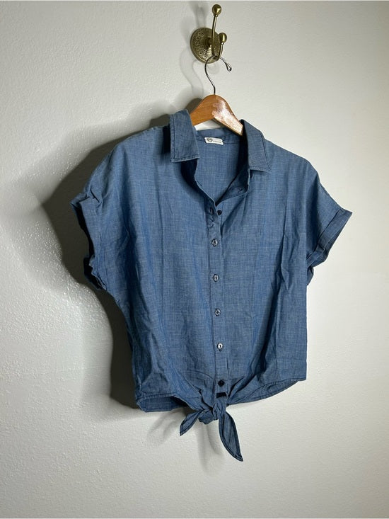 Ag Adriano Goldschmied AG 100% Cotton Denim Chambray Button Down Tie Front Short Sleeve Boxy Blouse Top - Cotton, Denim