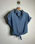 AG 100% Cotton Denim Chambray Button Down Tie Front Short Sleeve Boxy Blouse Top