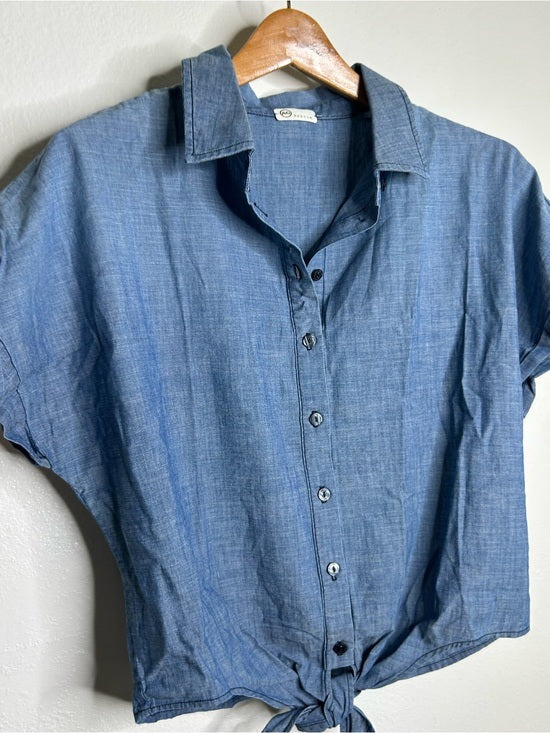 Ag Adriano Goldschmied AG 100% Cotton Denim Chambray Button Down Tie Front Short Sleeve Boxy Blouse Top - Cotton, Denim