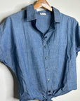 AG 100% Cotton Denim Chambray Button Down Tie Front Short Sleeve Boxy Blouse Top